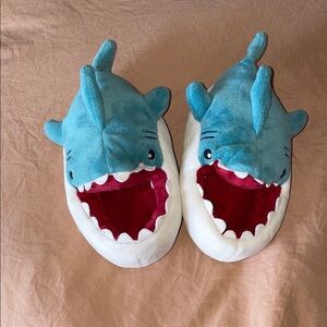 Shark Plush Slippers in Teal and White